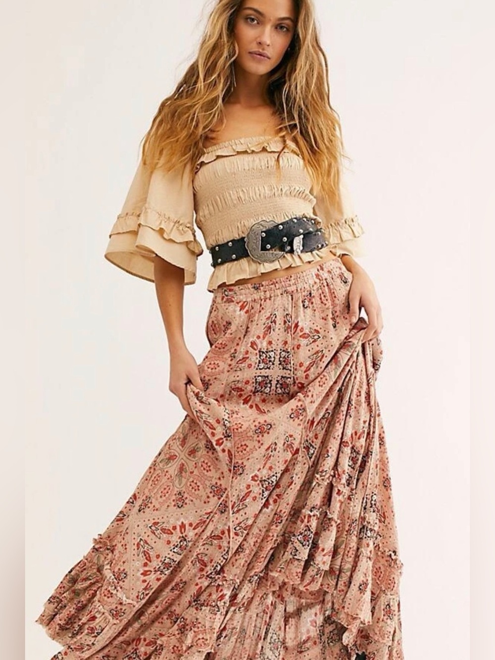 FREE PEOPLE FP One Cypress Printed Ruffle Maxi Skirt XS